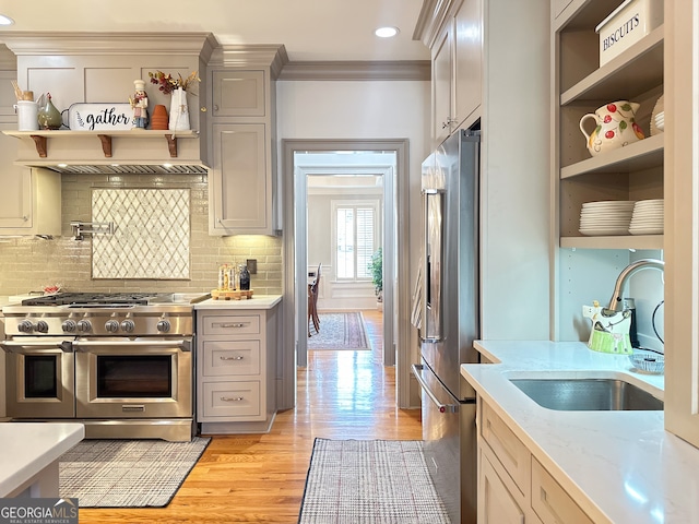 kitchen featuring premium appliances, decorative backsplash, sink, light hardwood / wood-style flooring, and crown molding