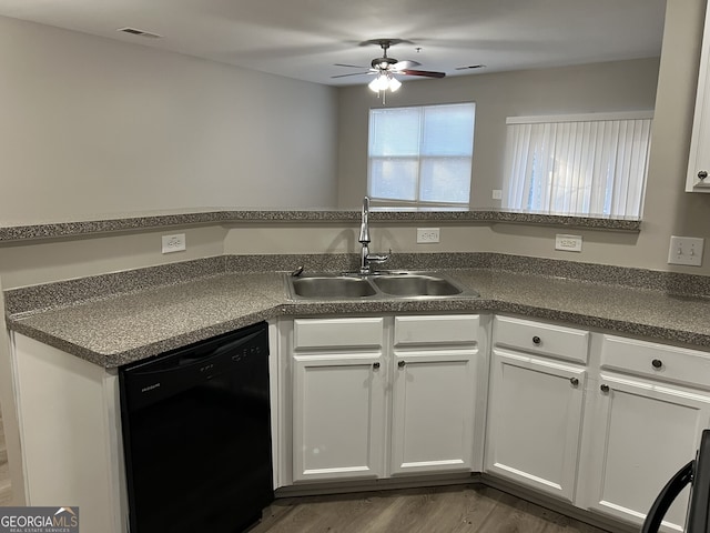 113 Ellis Dr, Conyers, GA 30012 - kitchen featuring black dishwasher, ceiling fan, white cabinetry, and dark countertops