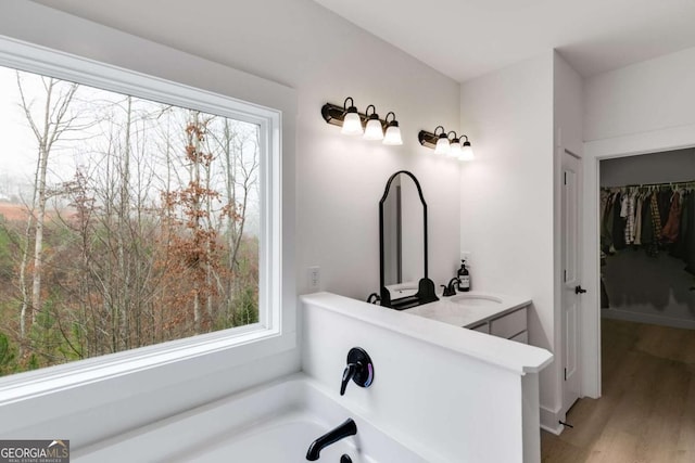 bathroom with a tub to relax in, a wealth of natural light, vanity, and hardwood / wood-style flooring