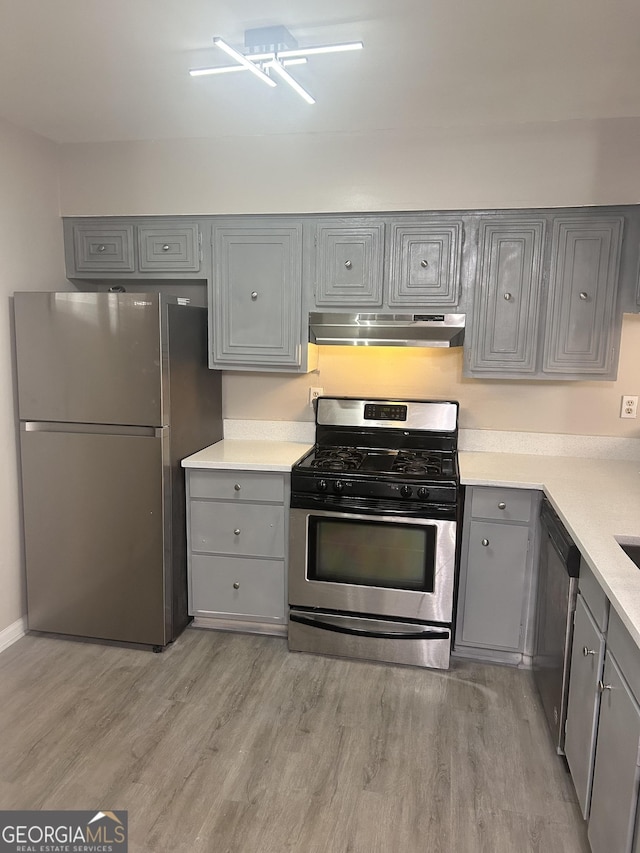 kitchen featuring gray cabinetry, light hardwood / wood-style floors, and appliances with stainless steel finishes