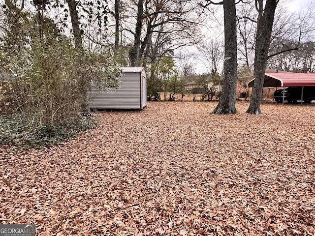 view of yard with a carport and a storage shed