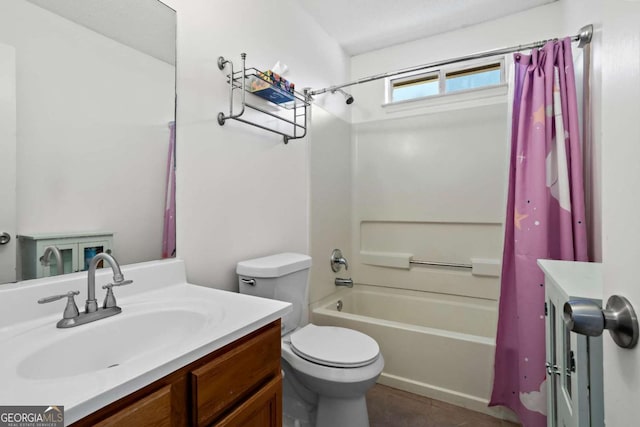 full bathroom with tile patterned floors, vanity, toilet, and shower / bath combo with shower curtain