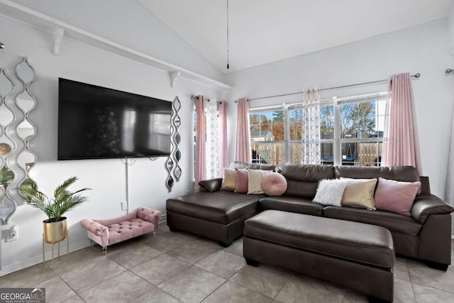 tiled living room with vaulted ceiling