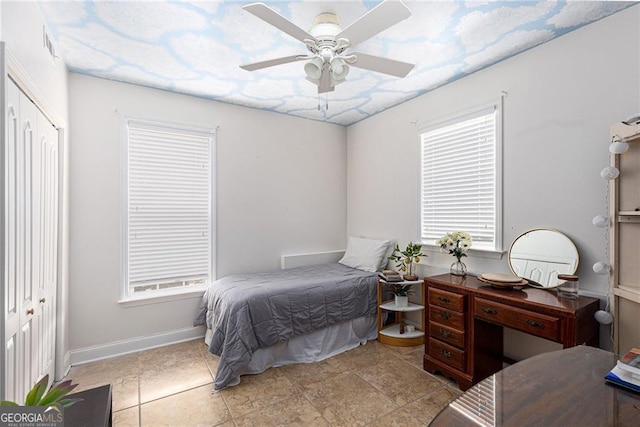 bedroom with ceiling fan and a closet