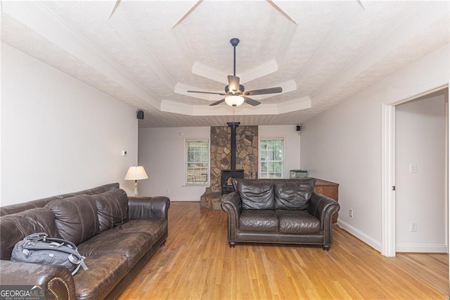 living room featuring a wood stove, a tray ceiling, and light hardwood / wood-style flooring