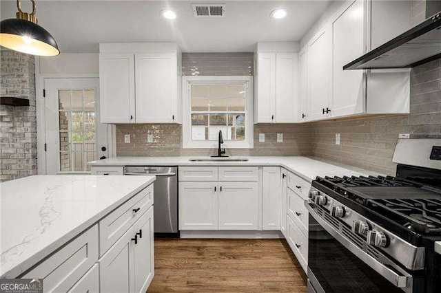 kitchen with stainless steel appliances, a wealth of natural light, wall chimney exhaust hood, and sink