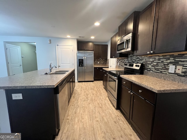 kitchen with sink, stainless steel appliances, backsplash, a kitchen island with sink, and light wood-type flooring