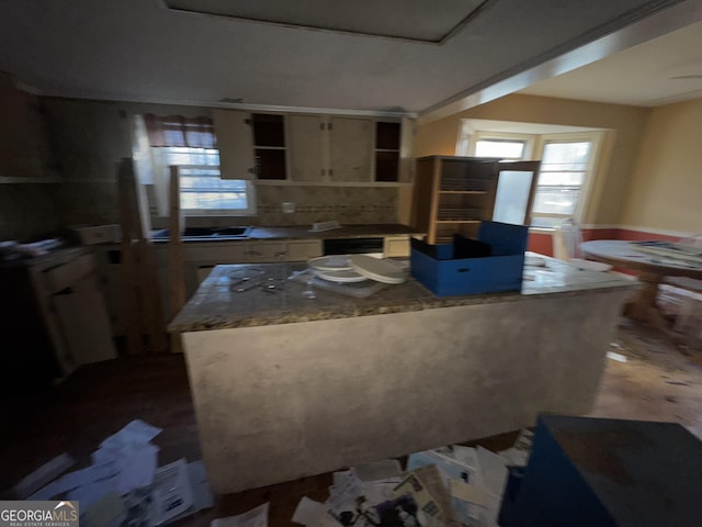 kitchen with black dishwasher and dark stone countertops