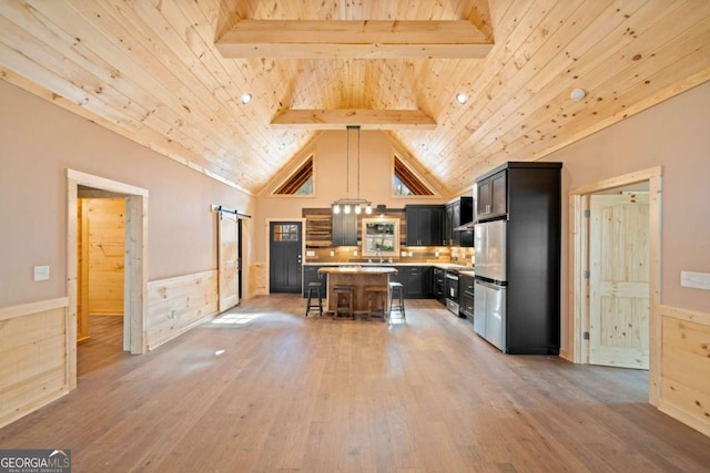 kitchen featuring pendant lighting, a kitchen island, a kitchen bar, and wooden ceiling