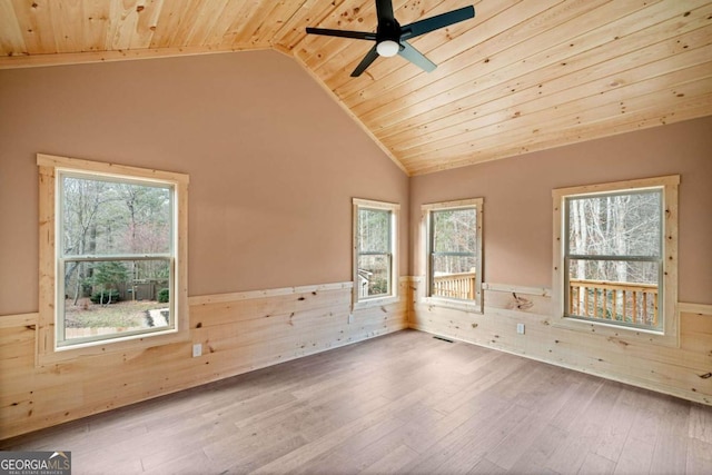 spare room with hardwood / wood-style floors, ceiling fan, wooden ceiling, and wood walls