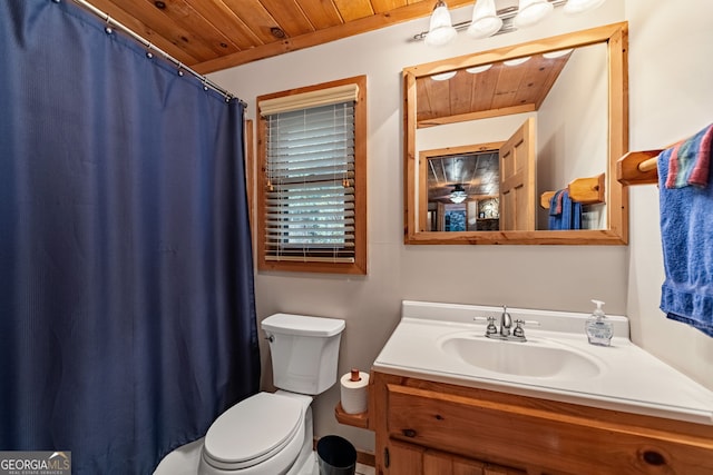 bathroom featuring vanity, wooden ceiling, and toilet