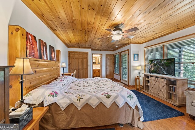 bedroom featuring wood-type flooring, ceiling fan, and wood ceiling