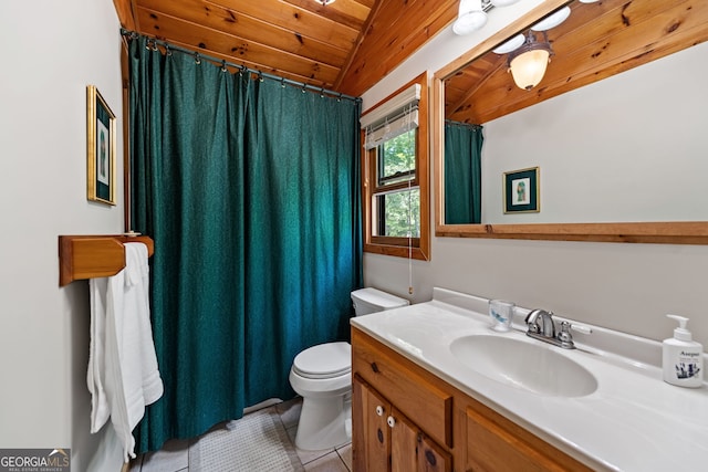 bathroom with tile patterned floors, wood ceiling, vanity, toilet, and lofted ceiling