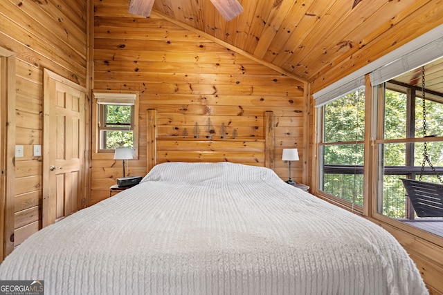 bedroom featuring wood walls, wooden ceiling, and vaulted ceiling