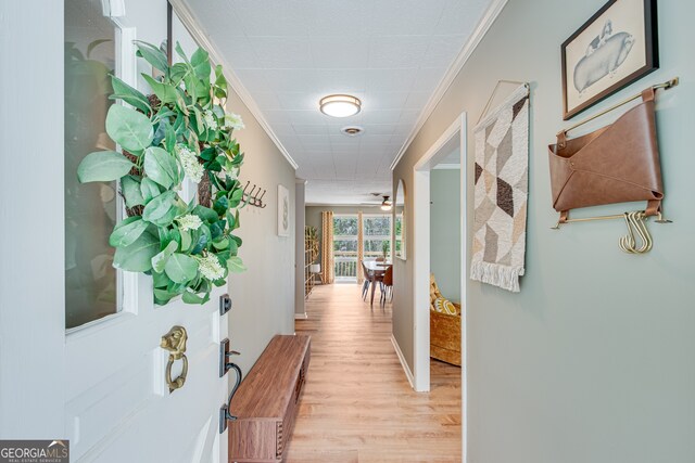 hallway with light hardwood / wood-style floors and crown molding