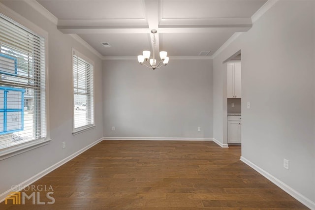 unfurnished room with an inviting chandelier, crown molding, beamed ceiling, and dark hardwood / wood-style floors