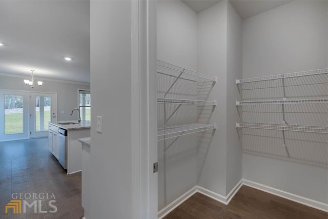 spacious closet with sink, a chandelier, and dark hardwood / wood-style floors