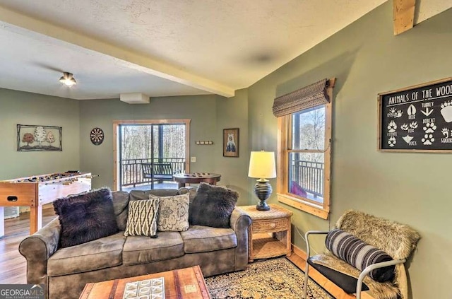 living room with hardwood / wood-style floors, a healthy amount of sunlight, and beam ceiling