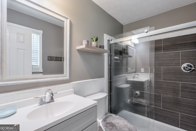 bathroom with vanity, toilet, a textured ceiling, and walk in shower