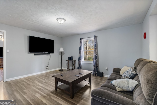 living room featuring wood-type flooring and a textured ceiling