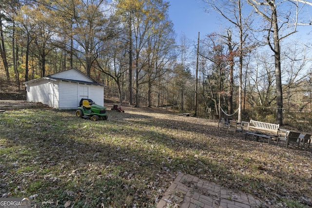 view of yard featuring a storage shed