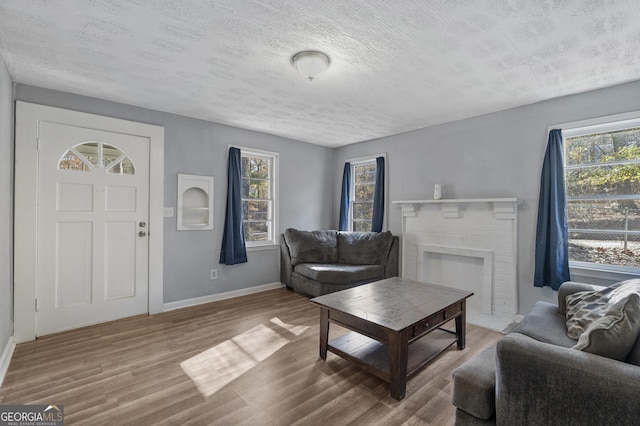 living room with hardwood / wood-style flooring, plenty of natural light, a fireplace, and a textured ceiling