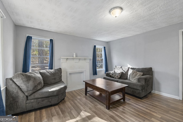 living room with a fireplace, wood-type flooring, and a textured ceiling