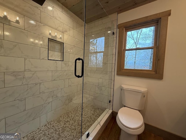 bathroom with toilet and a shower with shower door