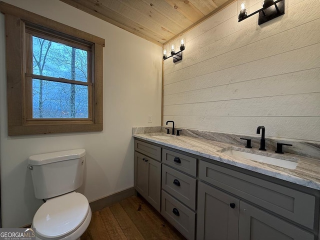 bathroom featuring wood ceiling, hardwood / wood-style floors, wooden walls, vanity, and toilet