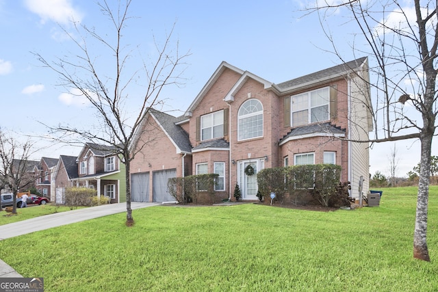 front facade featuring a front yard, a garage, and central AC unit