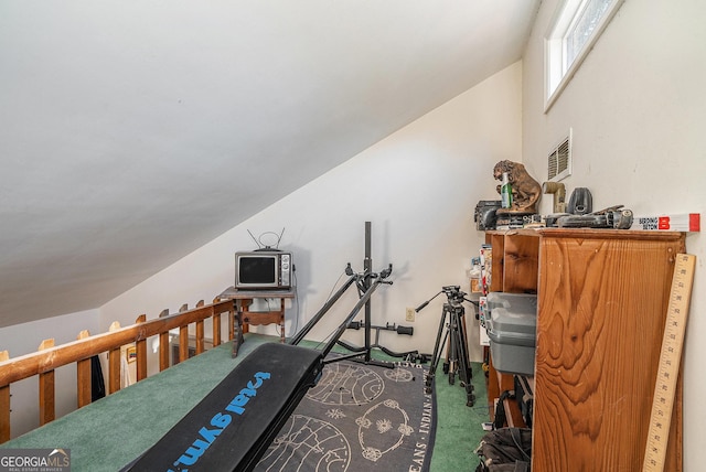 exercise room with carpet and lofted ceiling