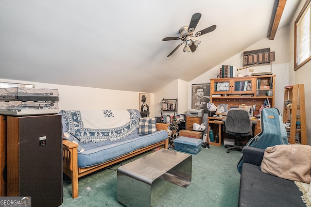 bedroom featuring carpet flooring, vaulted ceiling with beams, and ceiling fan