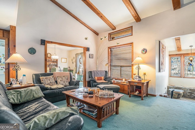 living room featuring beam ceiling, carpet floors, and high vaulted ceiling