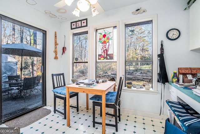 dining room featuring ceiling fan and a healthy amount of sunlight