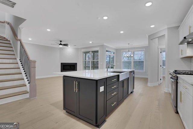 kitchen featuring white cabinets, light wood-type flooring, stainless steel appliances, and an island with sink