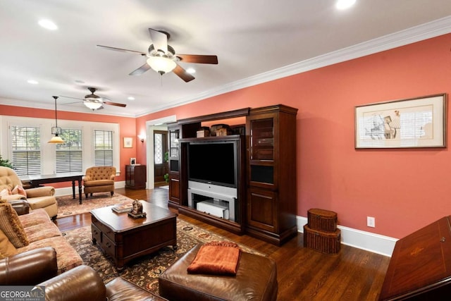 living room with ceiling fan, dark hardwood / wood-style floors, and ornamental molding