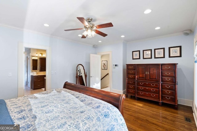 bedroom featuring ensuite bathroom, ceiling fan, wood-type flooring, and ornamental molding