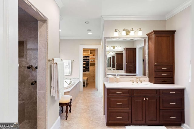 bathroom with plus walk in shower, vanity, ornamental molding, and tile patterned flooring