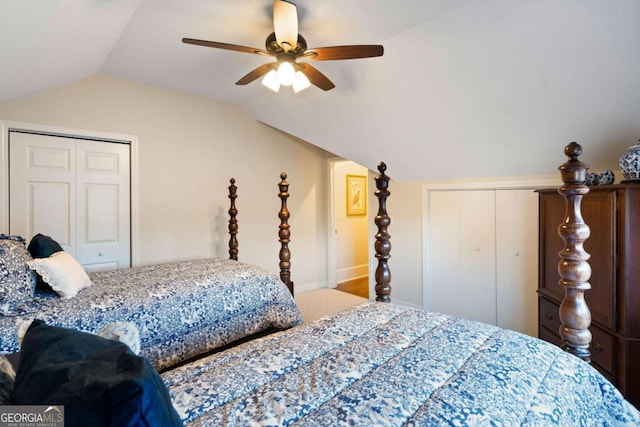 bedroom with ceiling fan and lofted ceiling