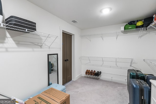 spacious closet featuring light colored carpet