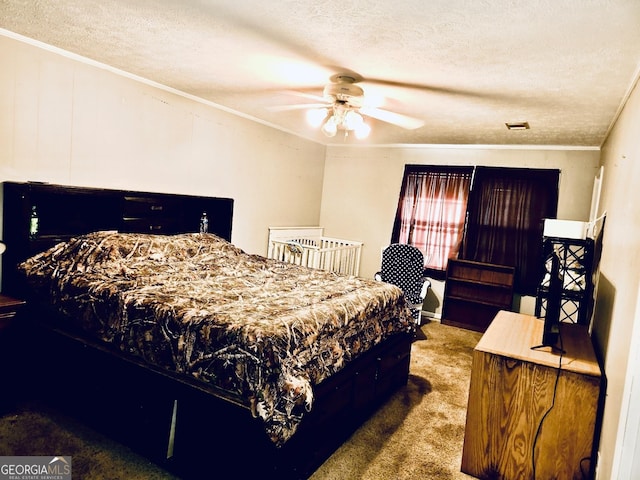 bedroom featuring carpet floors, ceiling fan, crown molding, and a textured ceiling