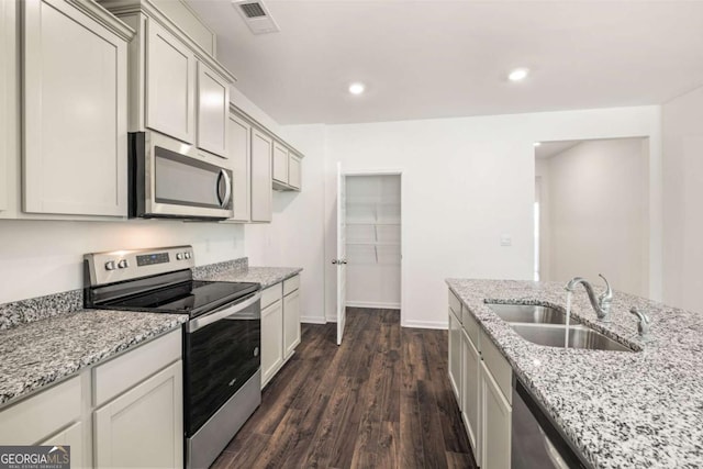 kitchen with dark hardwood / wood-style flooring, light stone countertops, sink, and appliances with stainless steel finishes