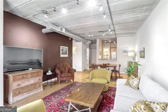 living room with light hardwood / wood-style flooring and track lighting