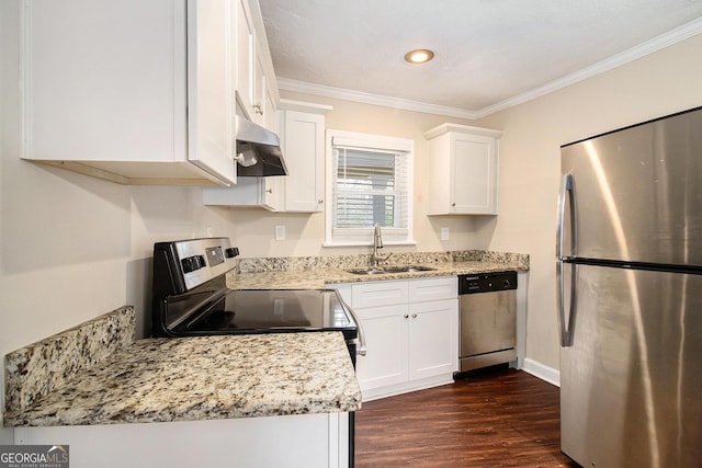 kitchen with sink, white cabinets, ornamental molding, and appliances with stainless steel finishes