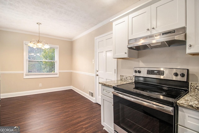 kitchen featuring white cabinets, light stone countertops, stainless steel electric stove, and a notable chandelier