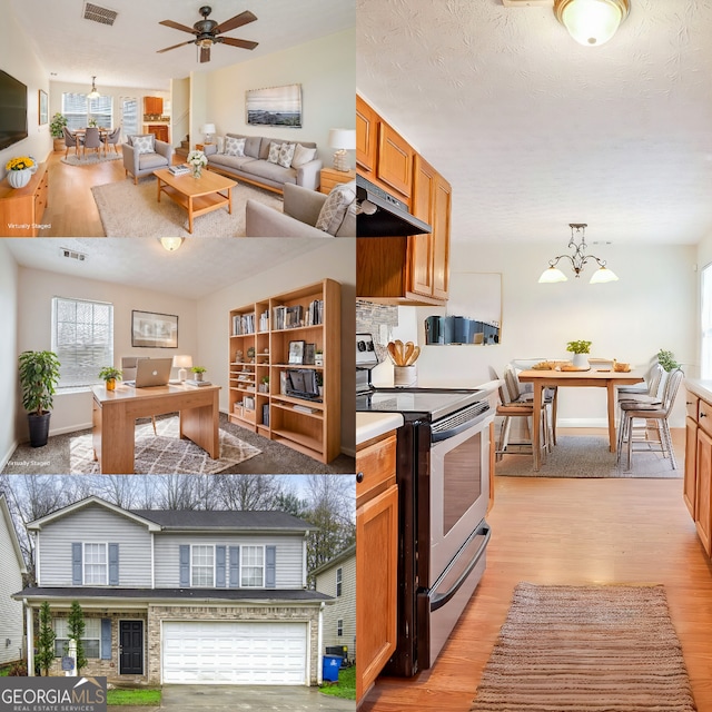 kitchen with ceiling fan with notable chandelier, a textured ceiling, stainless steel electric stove, pendant lighting, and light hardwood / wood-style floors