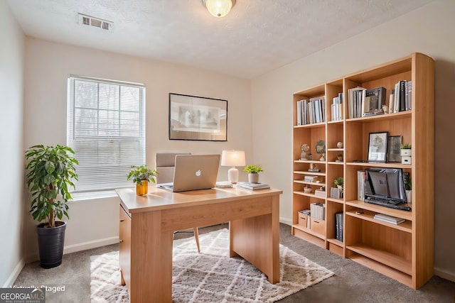 office with light carpet and a textured ceiling