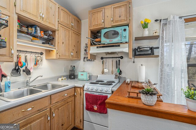 kitchen featuring white electric stove and sink