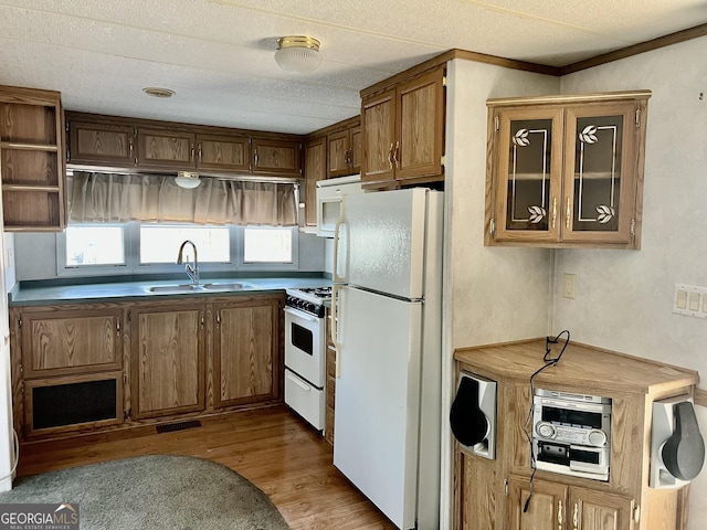 kitchen featuring sink, light hardwood / wood-style floors, white appliances, and ornamental molding