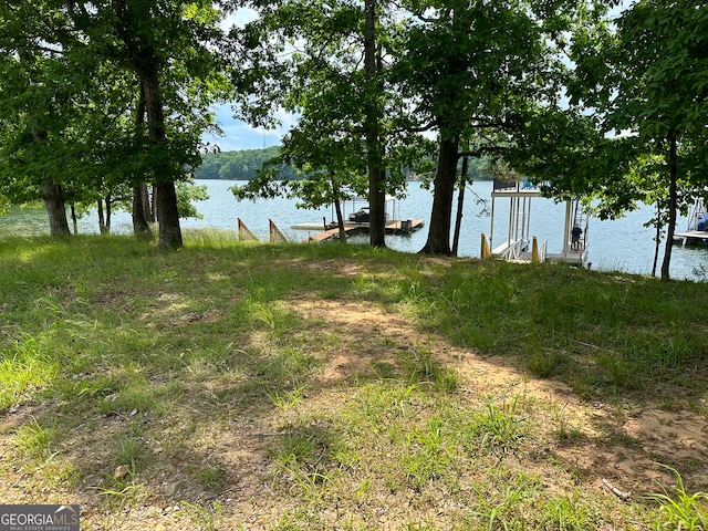 view of yard featuring a boat dock and a water view